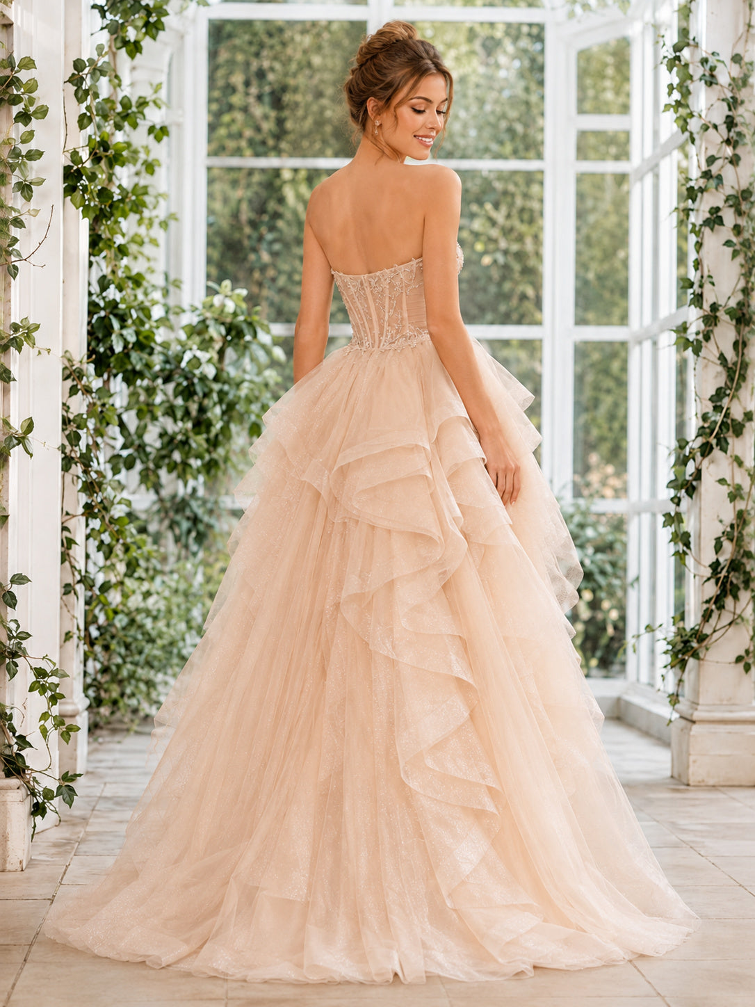 Champagne Luxury High Low Strapless Sweetheart Cascading Organza Sweet Sixteen Party Gown back view