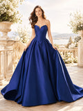 Deep Royal Satin Strapless Sweetheart Basque Ball Wedding Gown front view