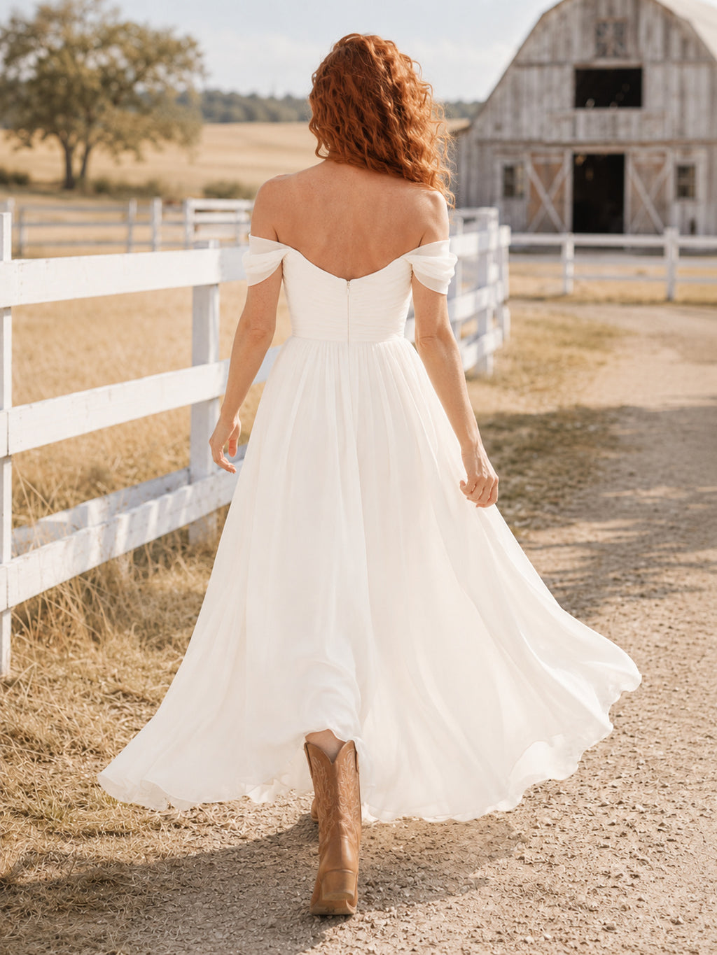 Country Chiffon A-Line Off Shoulder Sweetheart High-Low Wedding Dress back view