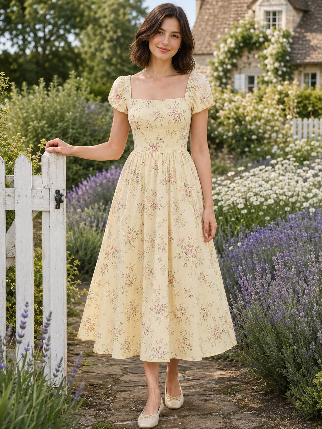 Pale Yellow Cottagecore Floral Square Neck Midi Dress front view