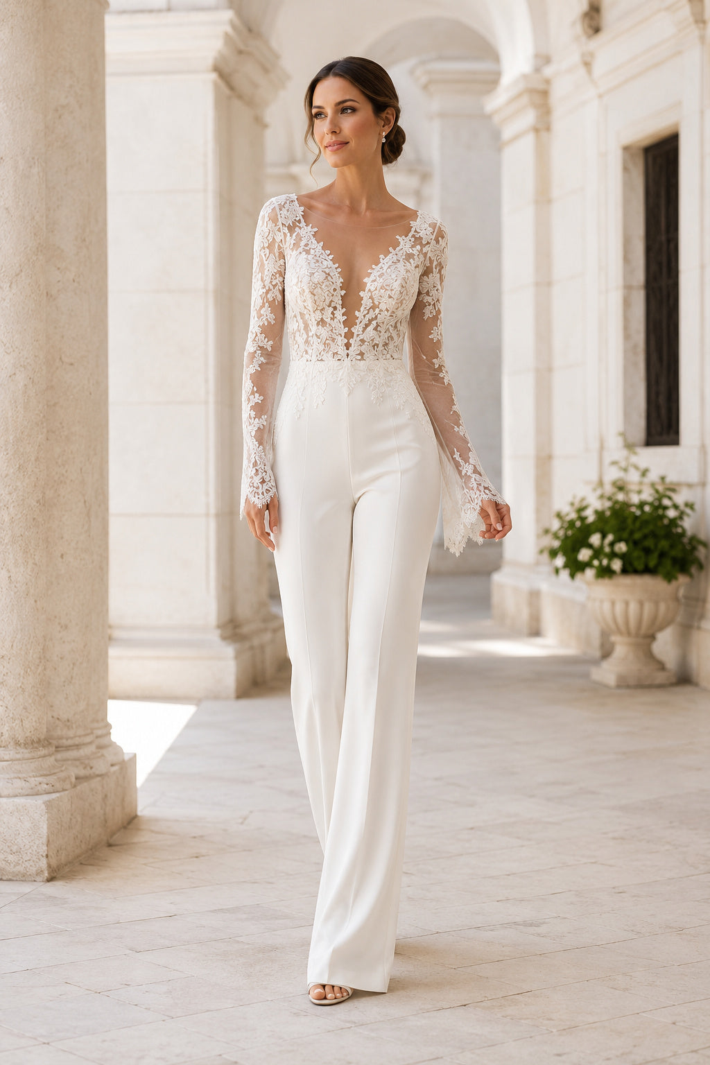 Long Sleeve Lace Bodice Bridal Jumpsuit with Low Open Back front view