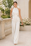 White Halter Bow Back Satin Wedding Jumpsuit front view