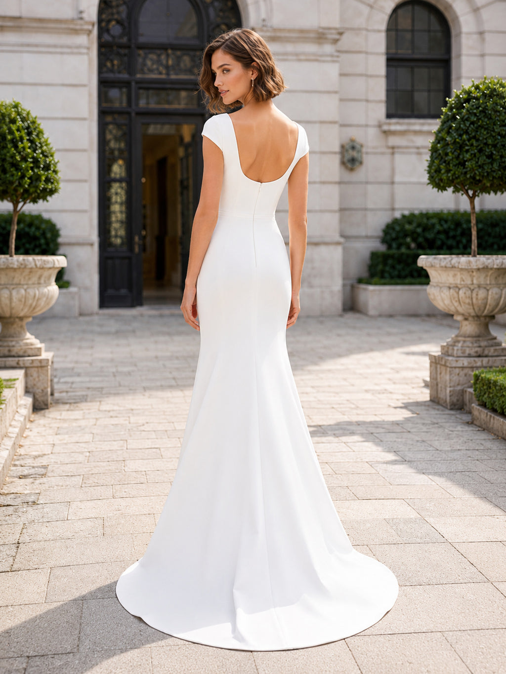 Cap Sleeve Crepe Sheath Minimalist Courthouse Bridal Gown back view