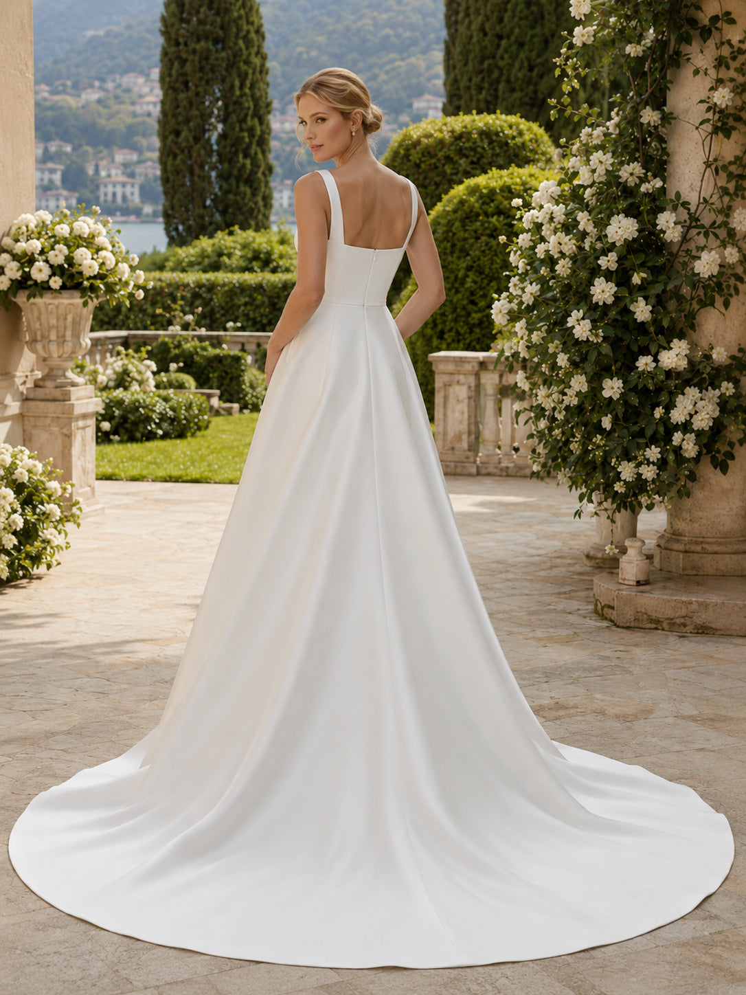 Elegant Square Neck Satin Wedding A Line Sleeveless Court Train Garden back view