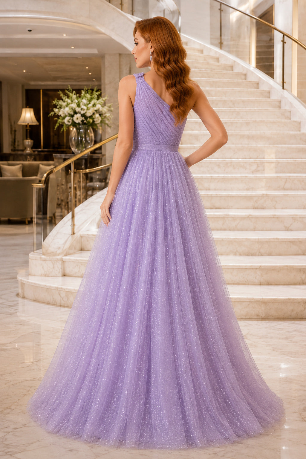 Lavender One Shoulder Lavender Glitter Tulle Ball Gown with Full Skirt Floor Length Ball Gown Prom Dress back view