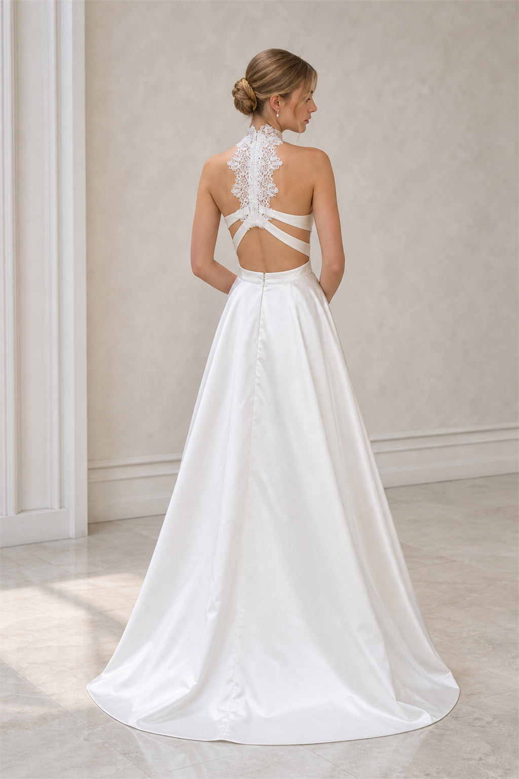 Ivory Scoop Short Sleeves Mermaid Crepe, Lace Floor-length Wedding Dress With Lace and Front Slit and Open Back