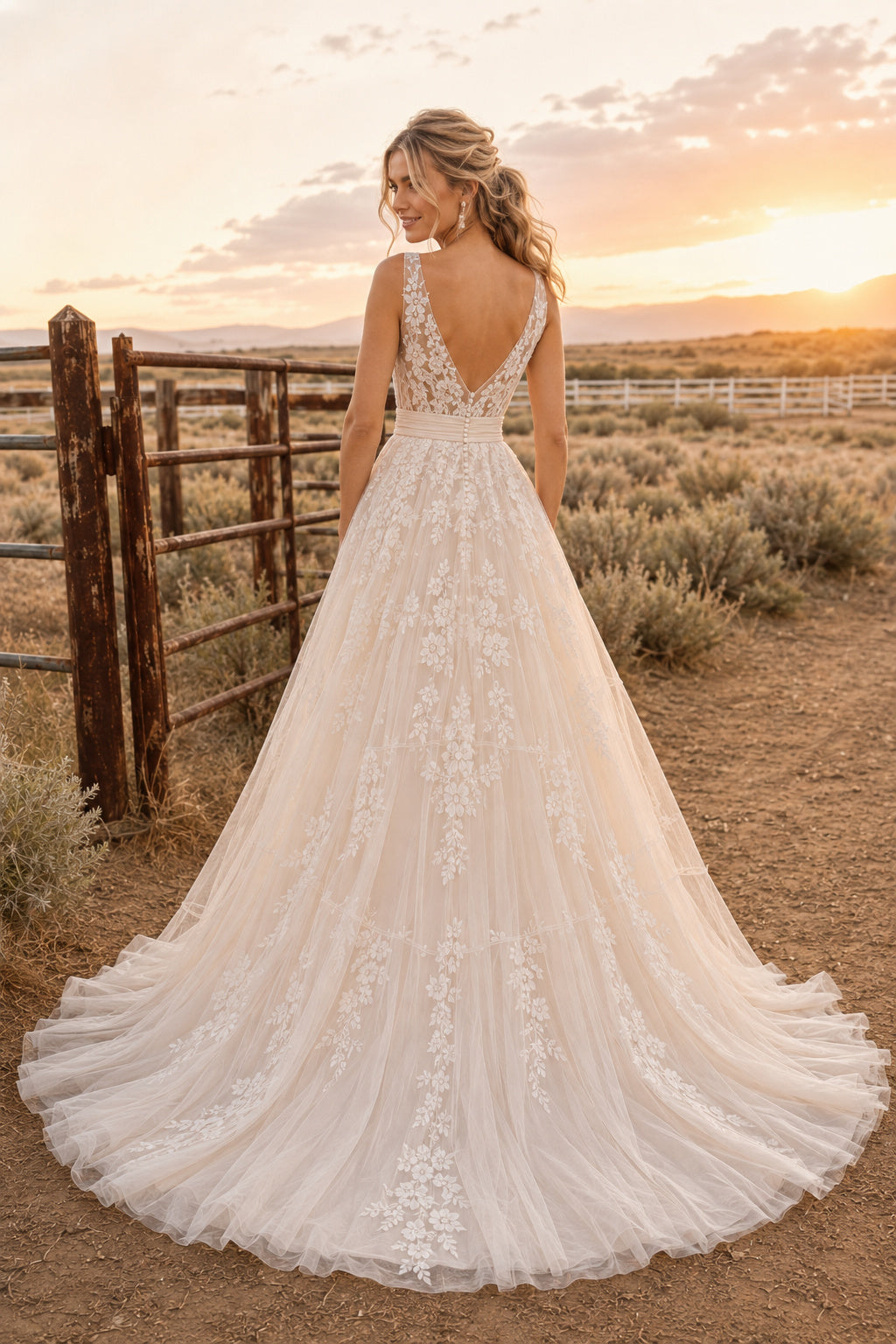 Deep V Strap A-Line Wedding Dress with Floral Lace Appliques and Full Tulle Train back view