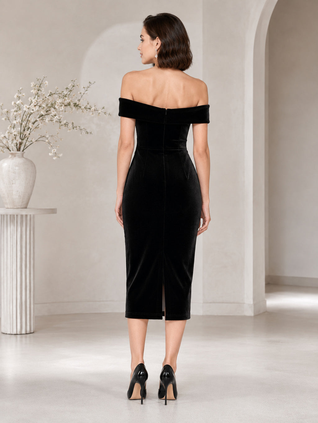 Black Off-the-shoulder Bow Velvet Cocktail Dress back view