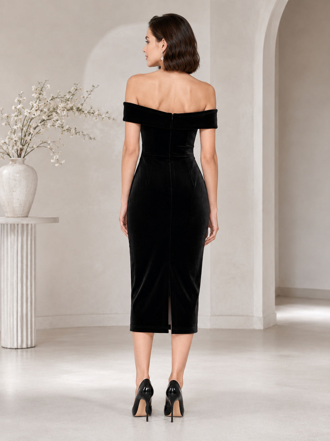 Black Off-the-shoulder Bow Velvet Cocktail Dress back view