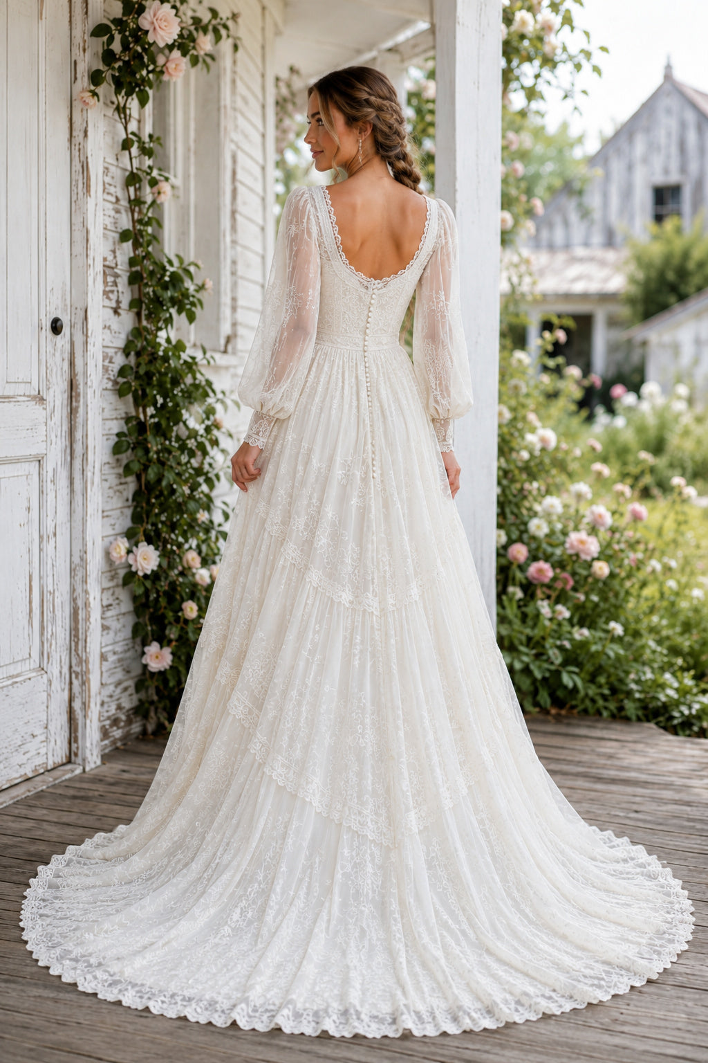 Ivory Square Neck Long Sleeve Lace A-Line Wedding Dress Train for Wedding Ceremony and Reception Style MG_701479 back view
