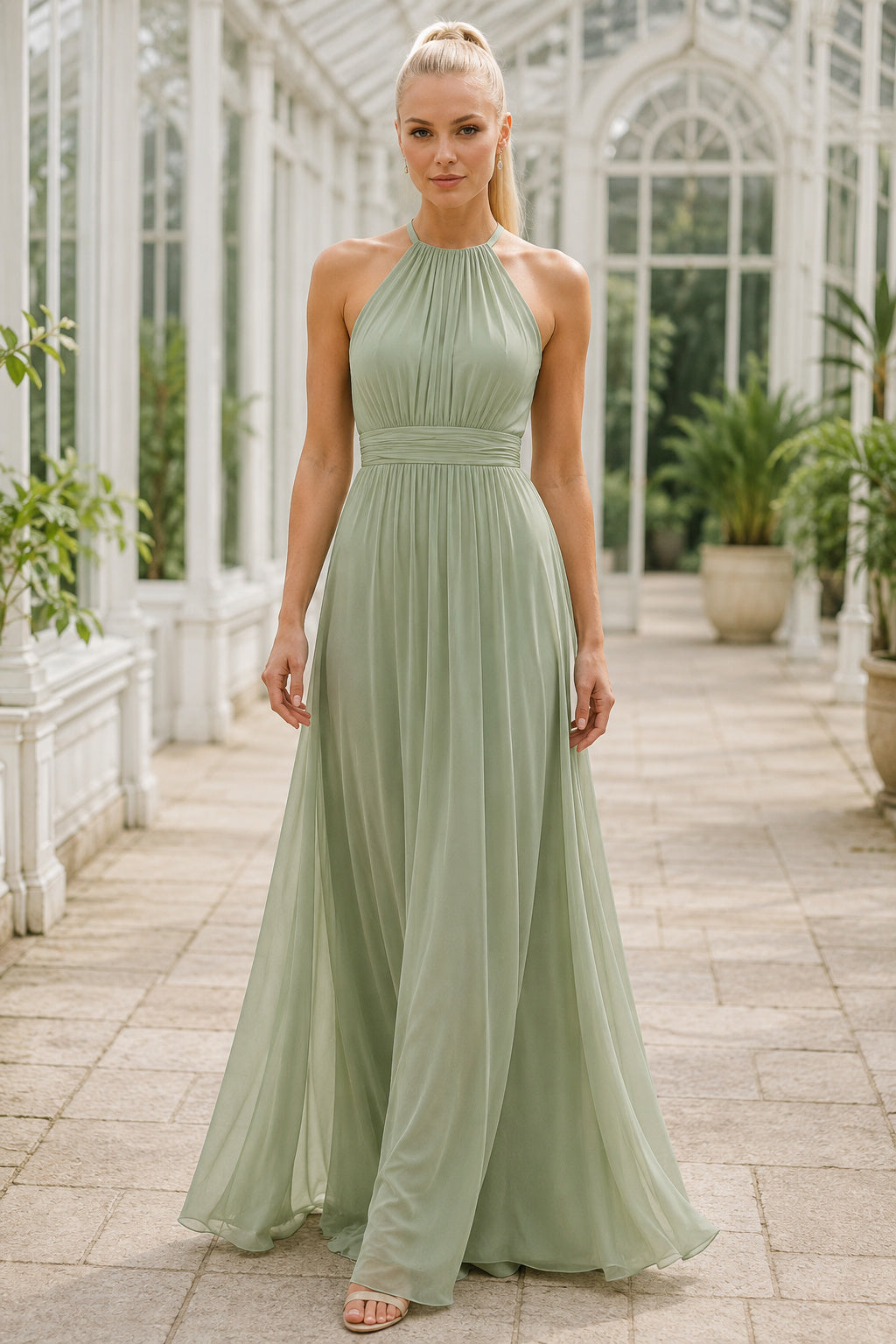 Sage High Neck Halter Chiffon A-Line Bridesmaid Dress with Pleated Waist front view