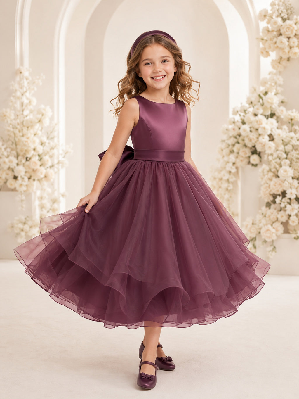 Mulberry Flower Girl A-Line Satin Tulle Jewel Neck Sleeveless Tiered Bow Party Dress front view