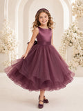 Mulberry Flower Girl A-Line Satin Tulle Jewel Neck Sleeveless Tiered Bow Party Dress front view