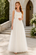 Ivory Sleeveless Scoop Neck Dress with Soft Tulle Skirt Floor Length A-Line Wedding Dress front view