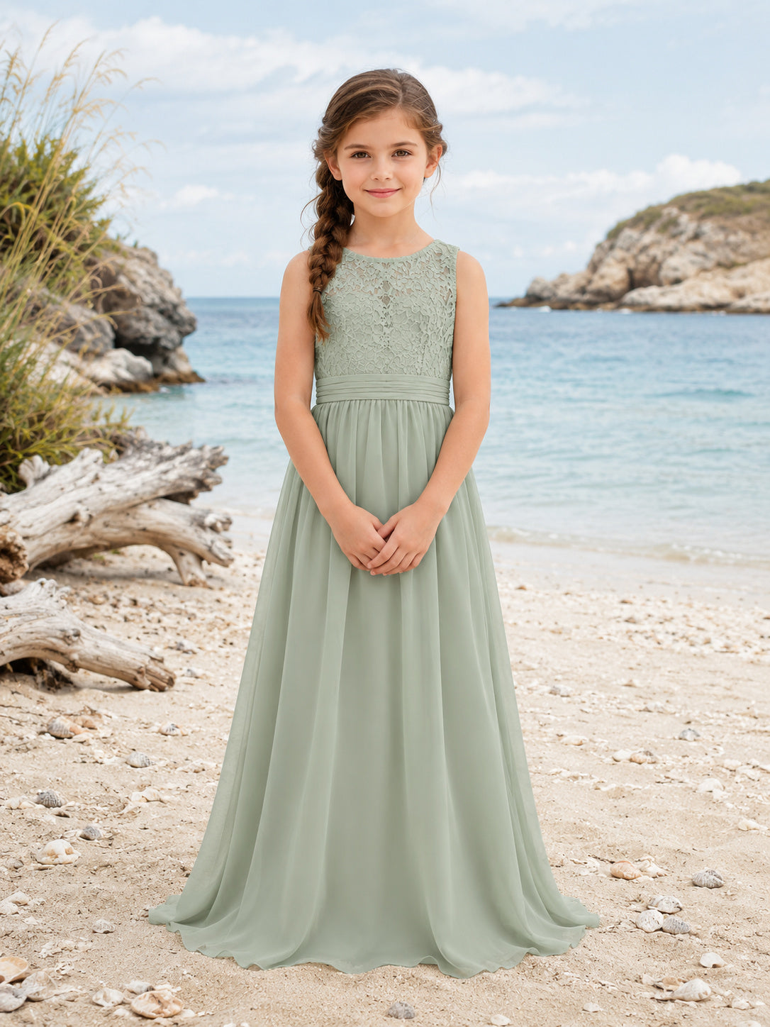 A-Line Summer Beach Flower Girl Dress with Sleeveless Bodice, Soft Flowing Skirt, Floor-Length Hem, Natural Waist, Coastal Fo