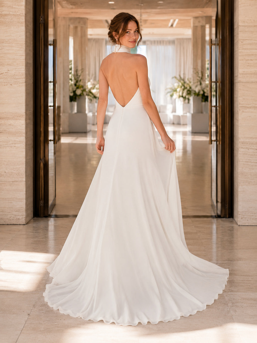 One Shoulder Open Back Chiffon Ballroom Wedding Dress back view