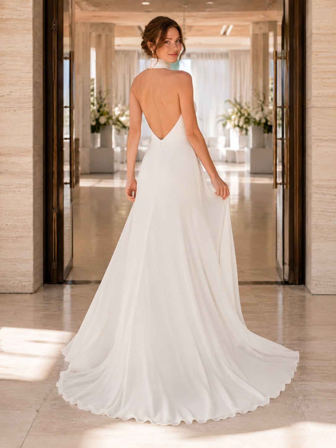 One Shoulder Open Back Chiffon Ballroom Wedding Dress back view
