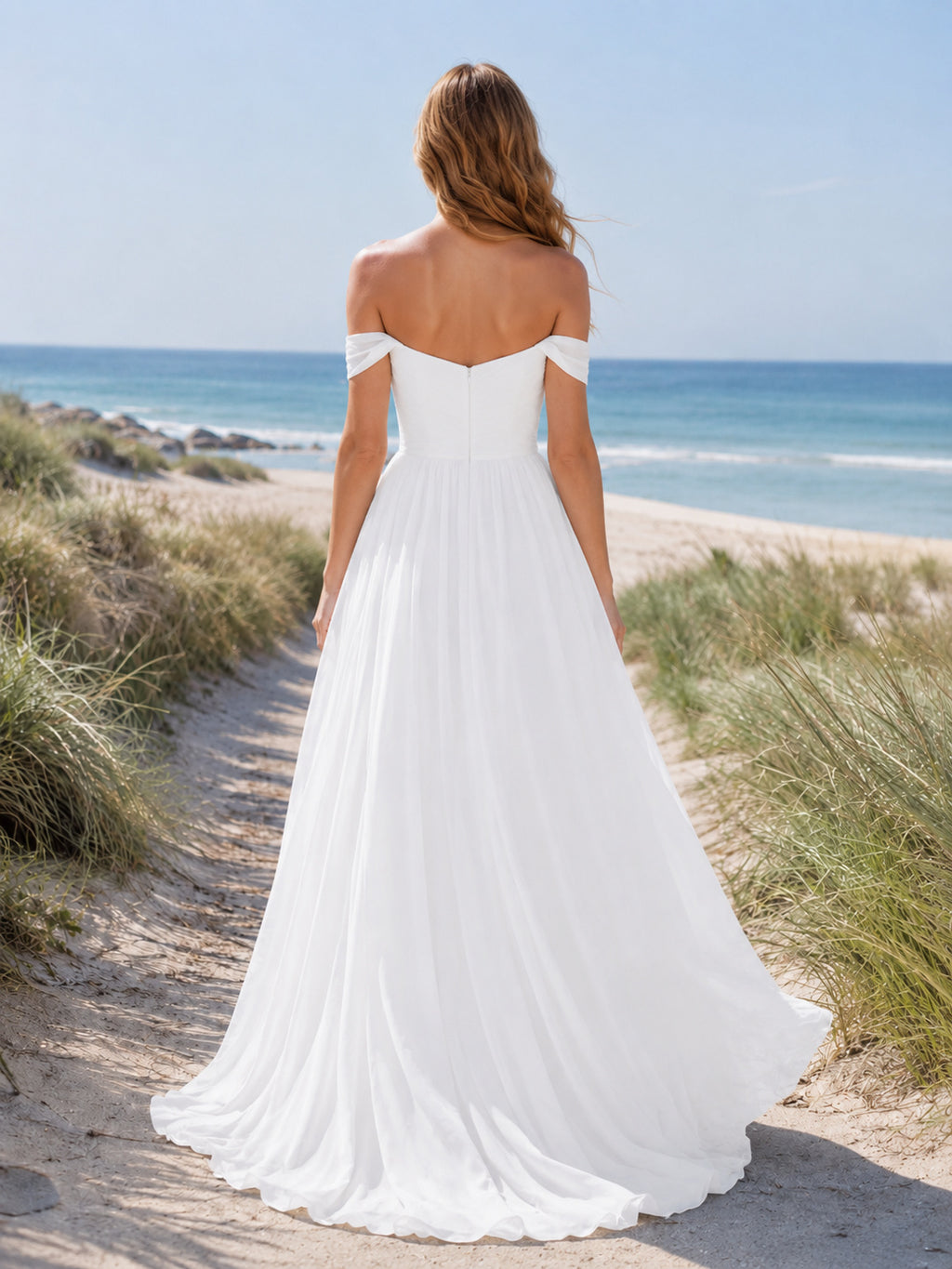 Simple Off Shoulder Sweetheart Beach A-Line Wedding Dress back view