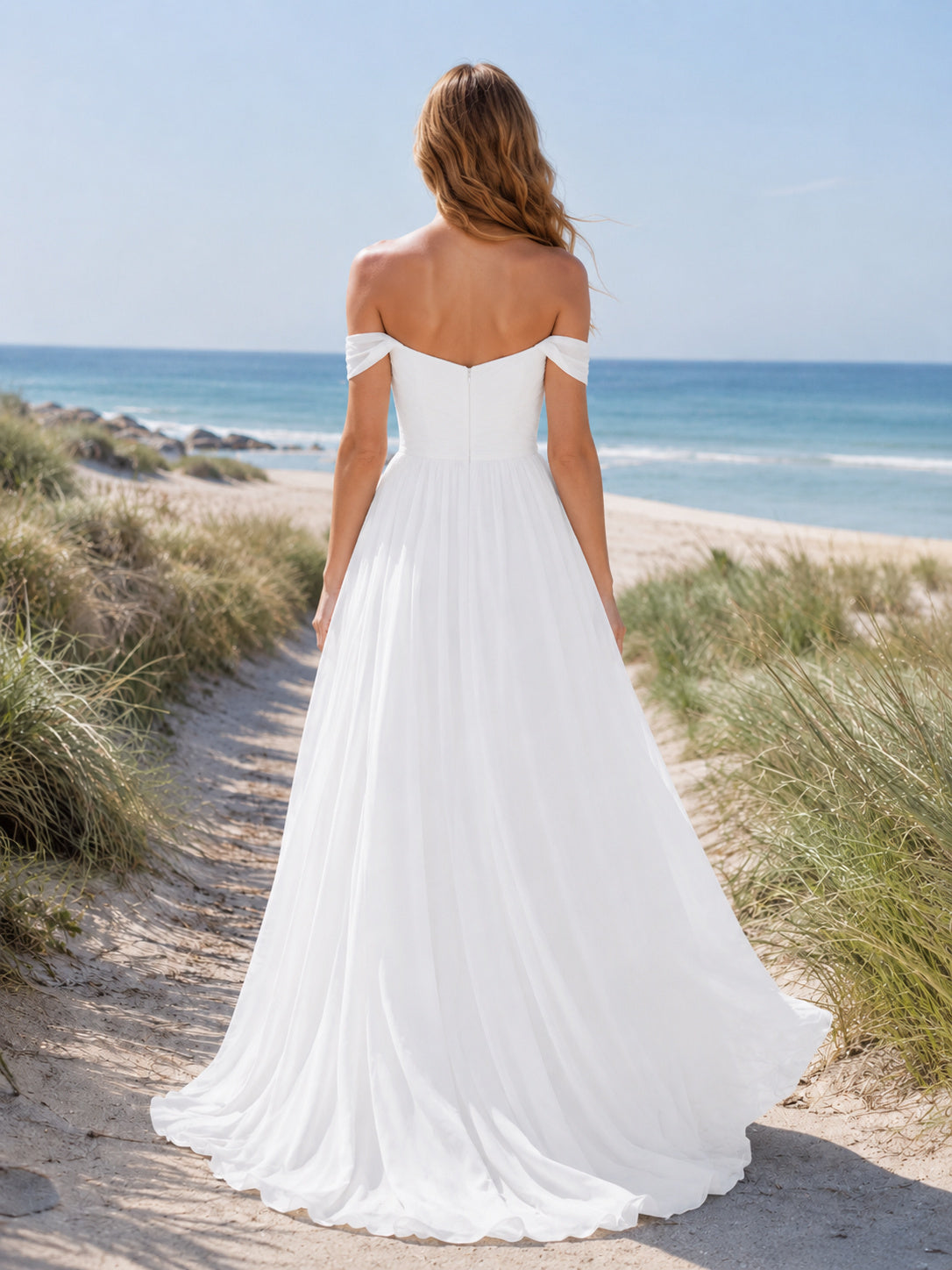 Simple Off Shoulder Sweetheart Beach A-Line Wedding Dress back view