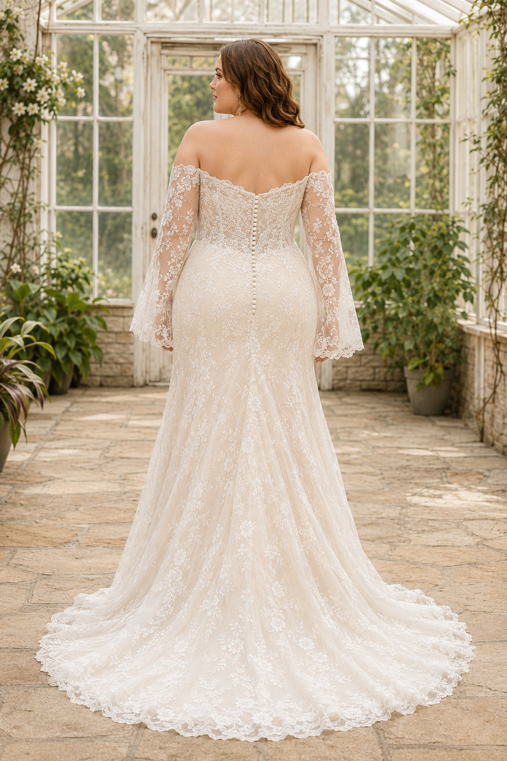 Plus Size Ivory Off Shoulder Lace Mermaid Wedding Dress Chapel Train back view