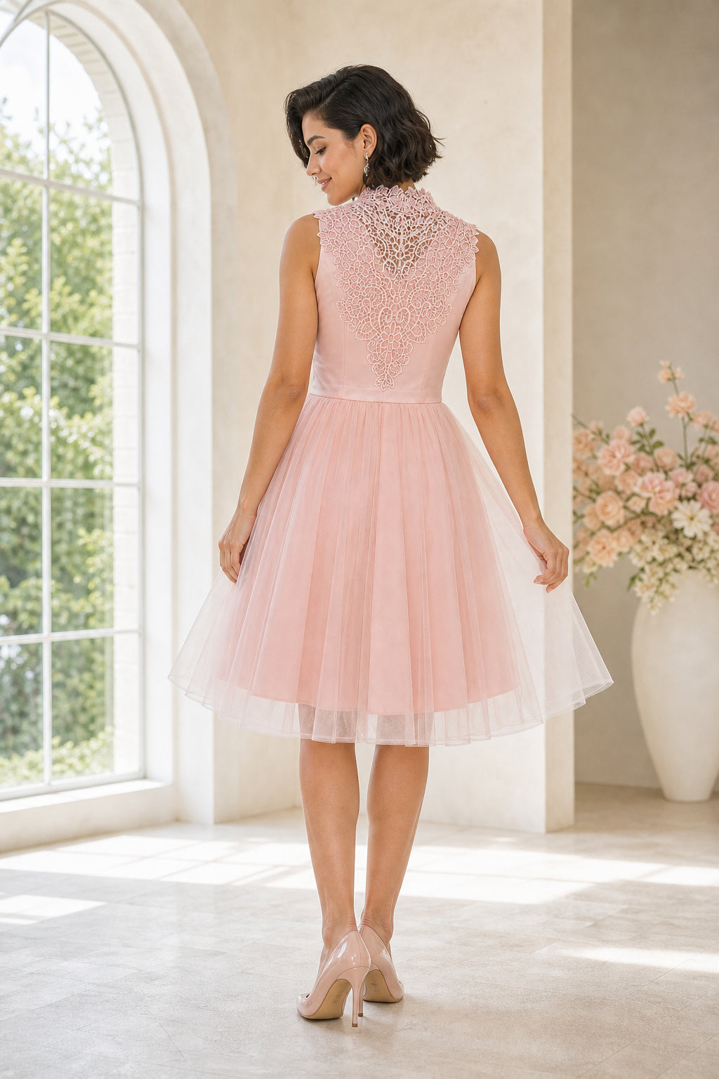High-Neck Sleeveless A-Line Tulle Knee-Length Dress With Lace Bodice