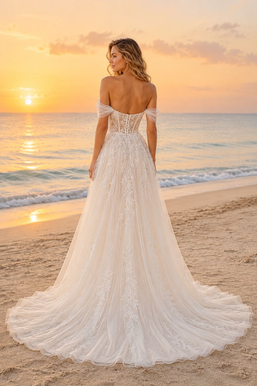 Ivory Off Shoulder Sweetheart Lace Tulle A-Line Wedding Dress Chapel Train for Bridal Ceremony and Reception Style MG_700761