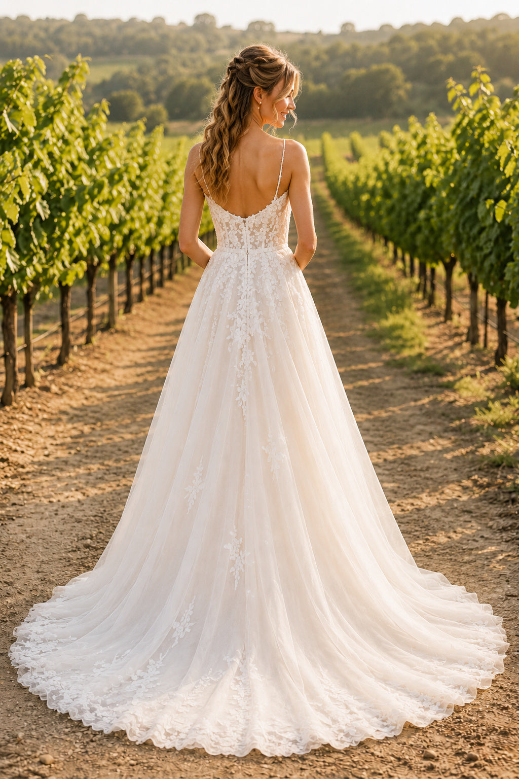 Ivory Sweetheart Strap Lace A-Line Wedding Dress with Full Tulle Skirt and Soft Train back view