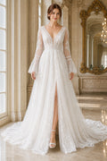 White V-neck Long Sleeves Sheath Crepe Floor-length Wedding Dress With Open Back and Lace Bodice