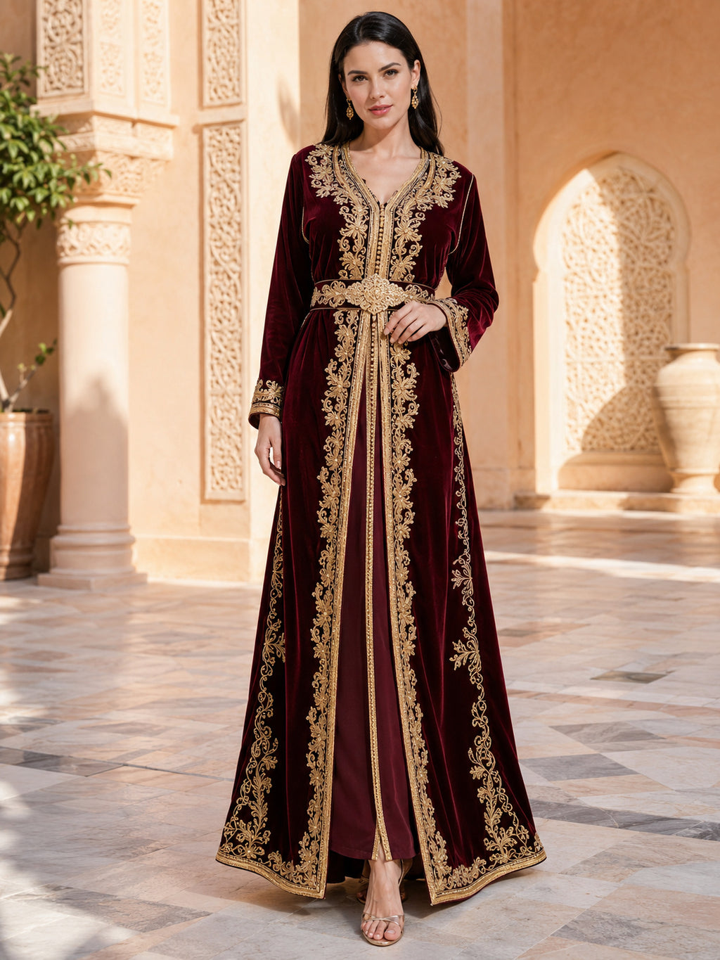 Burgundy Velvet Takchita A Line Floor Length V Neck Gold Embroidered Dress front view