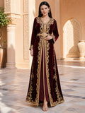 Burgundy Velvet Takchita A Line Floor Length V Neck Gold Embroidered Dress front view