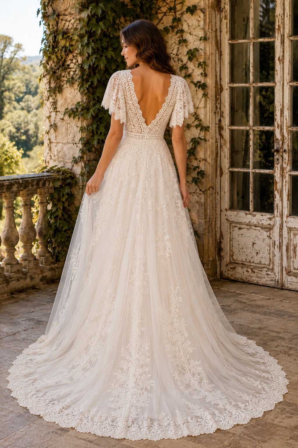 Ivory Cap Sleeve V-Neck Lace A-Line Boho Wedding Dress with Low Back and Sweep Train back view
