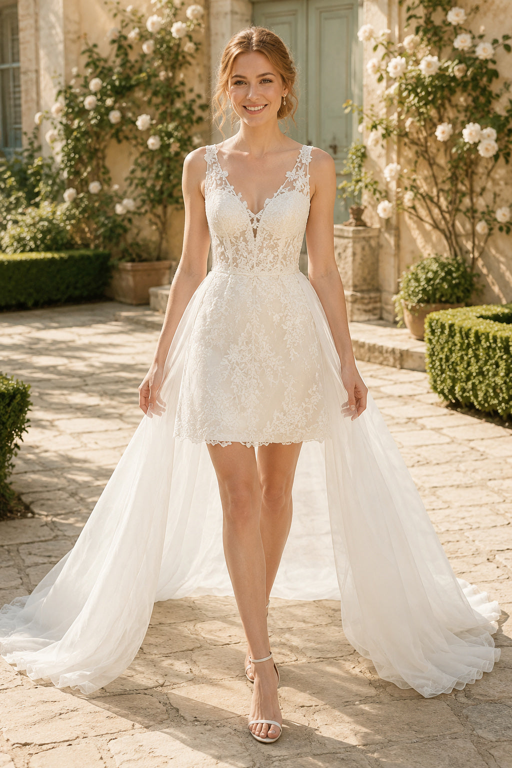 V-Neck Lace Mini Wedding Dress Removable Train front view