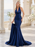 Navy Satin Halter Cowl Neck Backless Mermaid Wedding Gown front view