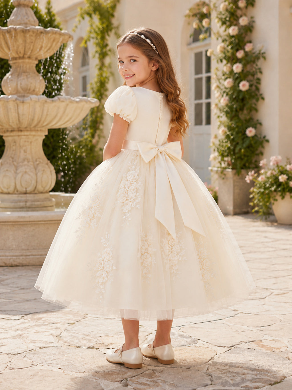 Elegant Ivory Rose Flower Girl Dress with Puff Sleeves, Floral Applique Tulle, A-Line Full Skirt, and Formal Garden Style bac