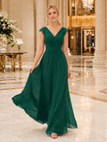 Dark Green Petite V-neck Chiffon A-Line Evening Dress front view