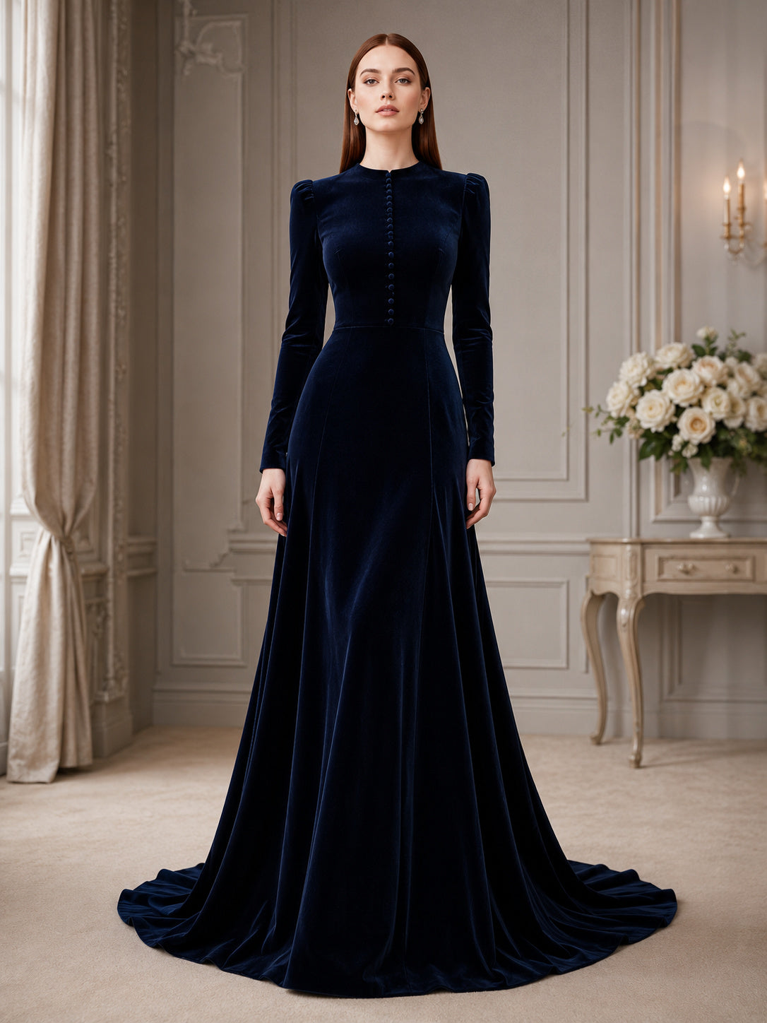 Midnight Velvet High Neck Button Long Sleeve Mermaid Wedding Gown front view