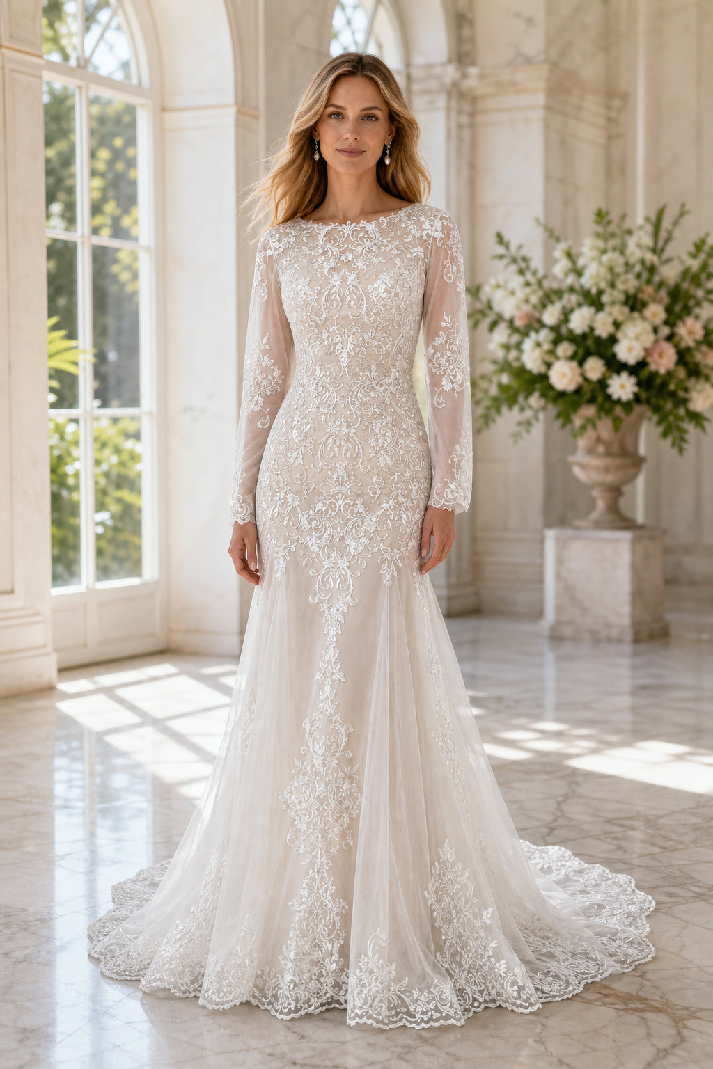 White Square Mermaid Crepe, Lace Floor-length Wedding Dress With Lace and Floral Appliques and Open Back