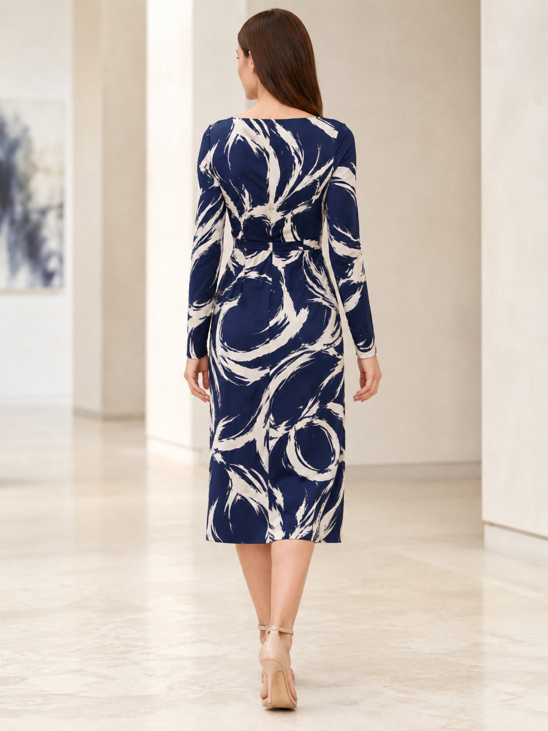 Navy abstract long sleeve bateau tea length sheath cocktail dress back view