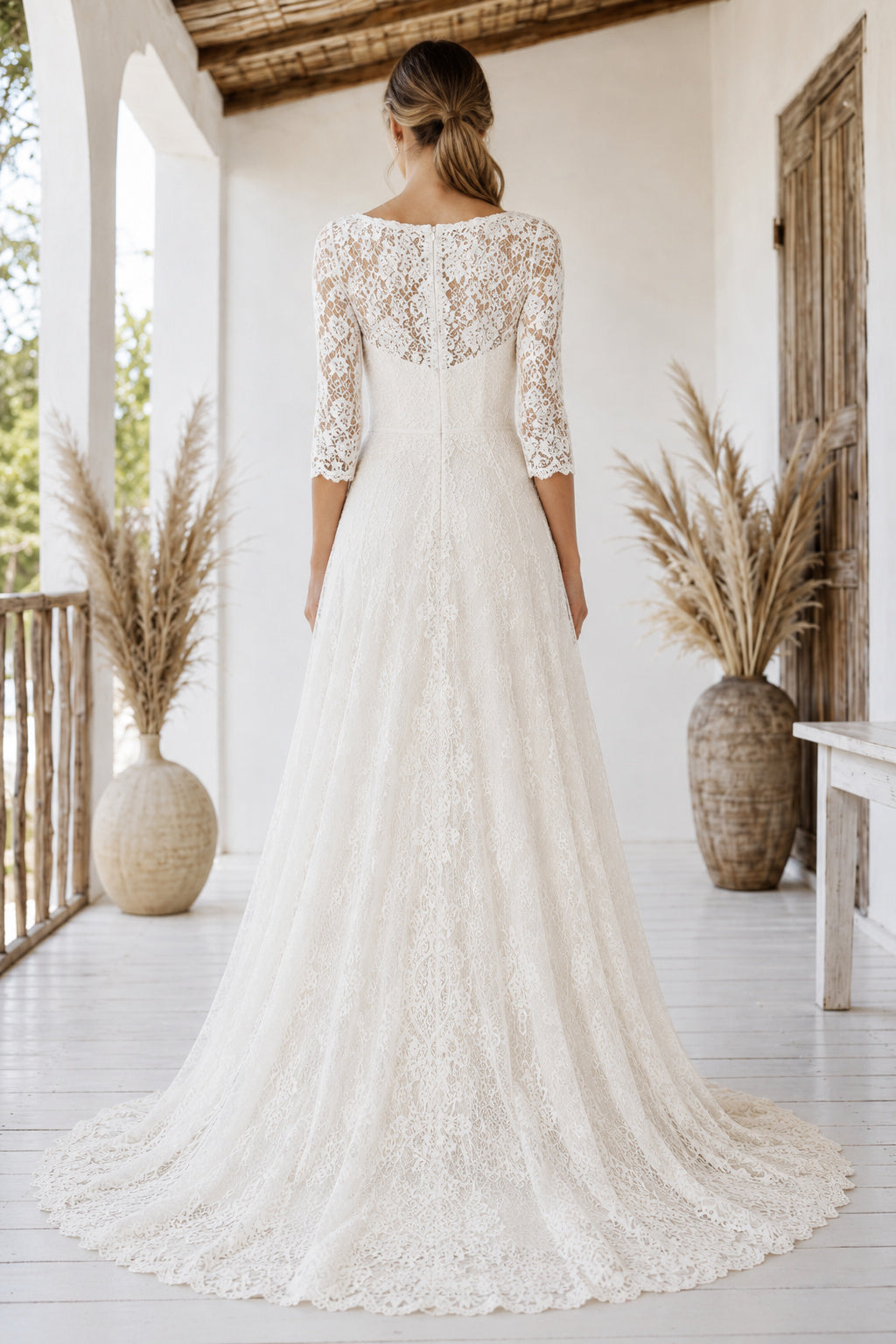 Bateau Three Quarter Sleeve A-Line Wedding Dress with Lace Bodice and Sweep Train back view