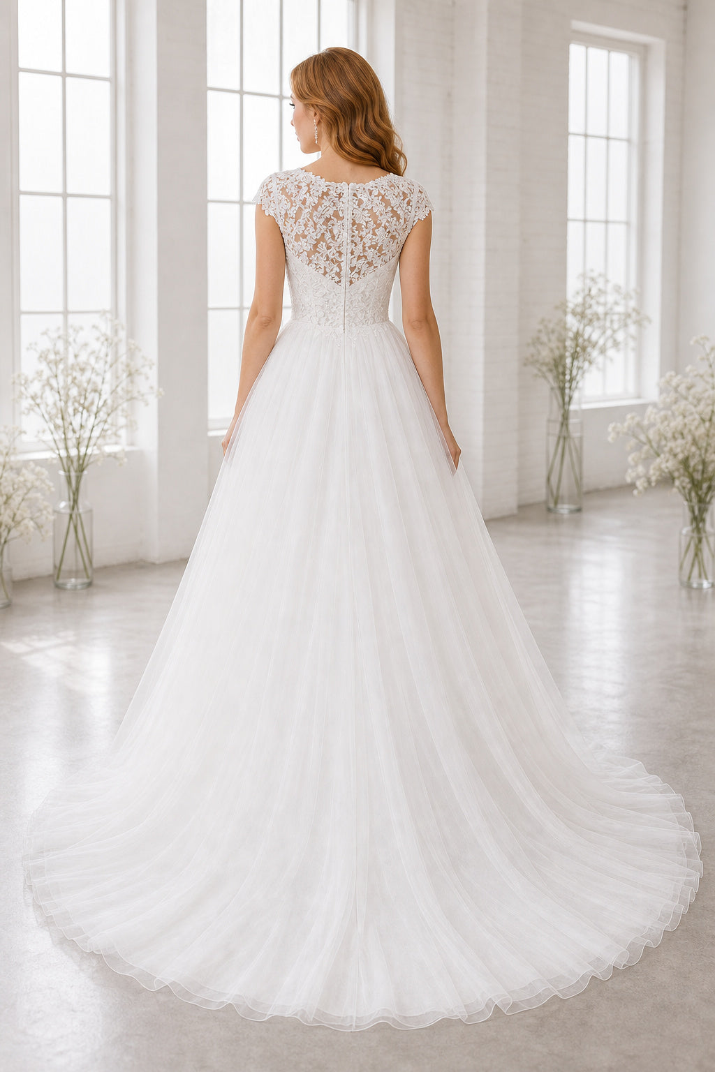 White Square Ball Gown Tulle Floor-length Wedding Dress With Sweep Train and Open Back and Open Back