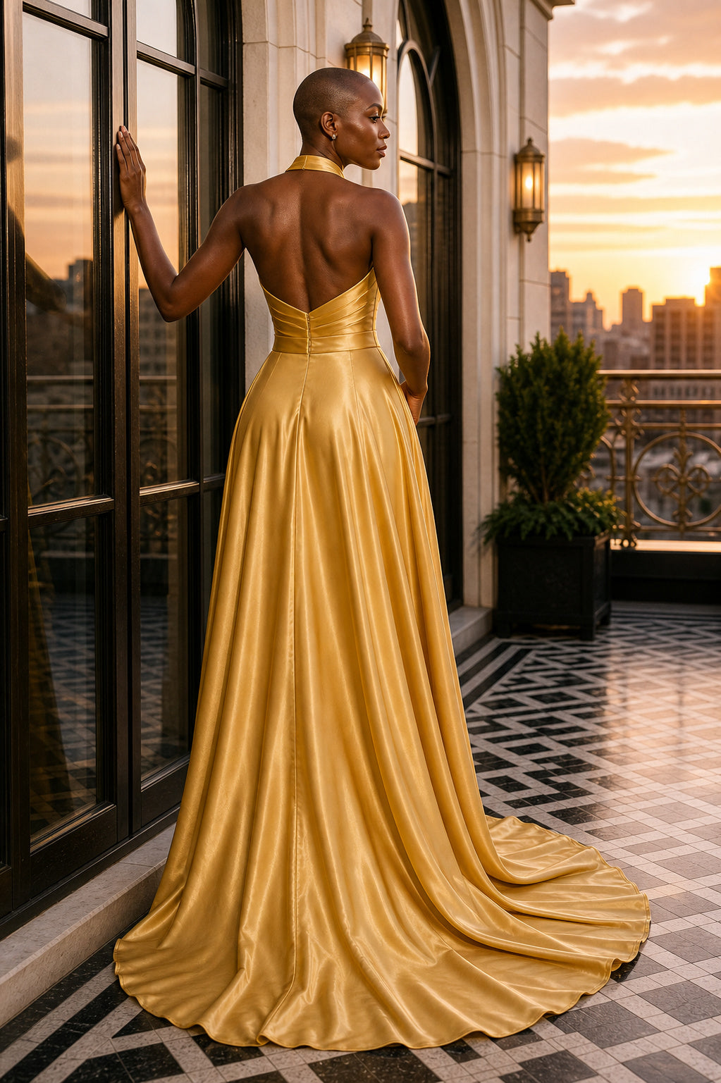 Gold Halter A-Line Satin Floor-Length Dress With Open Back