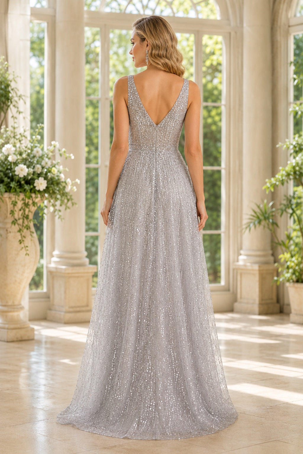 Silver Plunging V-Neck Sequin A-Line Formal Dress with Low Back back view