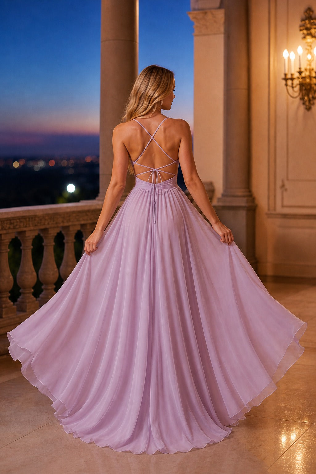 Blush Plunging V-Neck Floor-Length Chiffon A-Line Dress