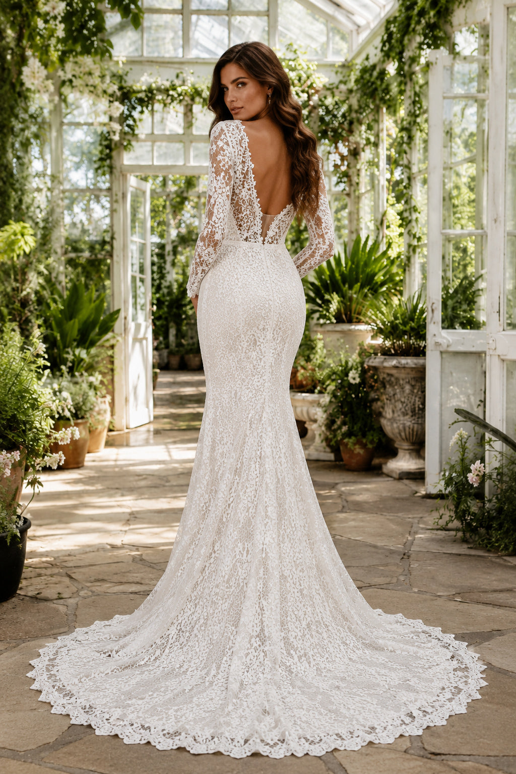 Ivory Sexy V-Neck Mermaid Allover Lace Wedding Dress with One Long Lace Sleeve and Sweep Train back view