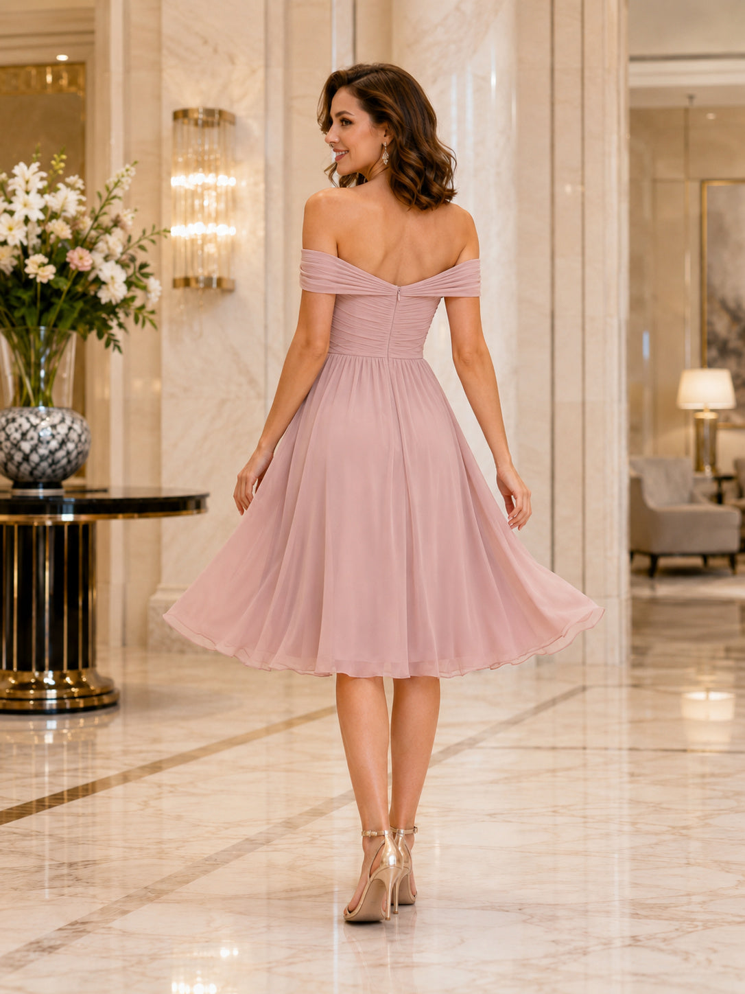 Dusty Rose Off-the-shoulder Tulle A-Line Dress back view