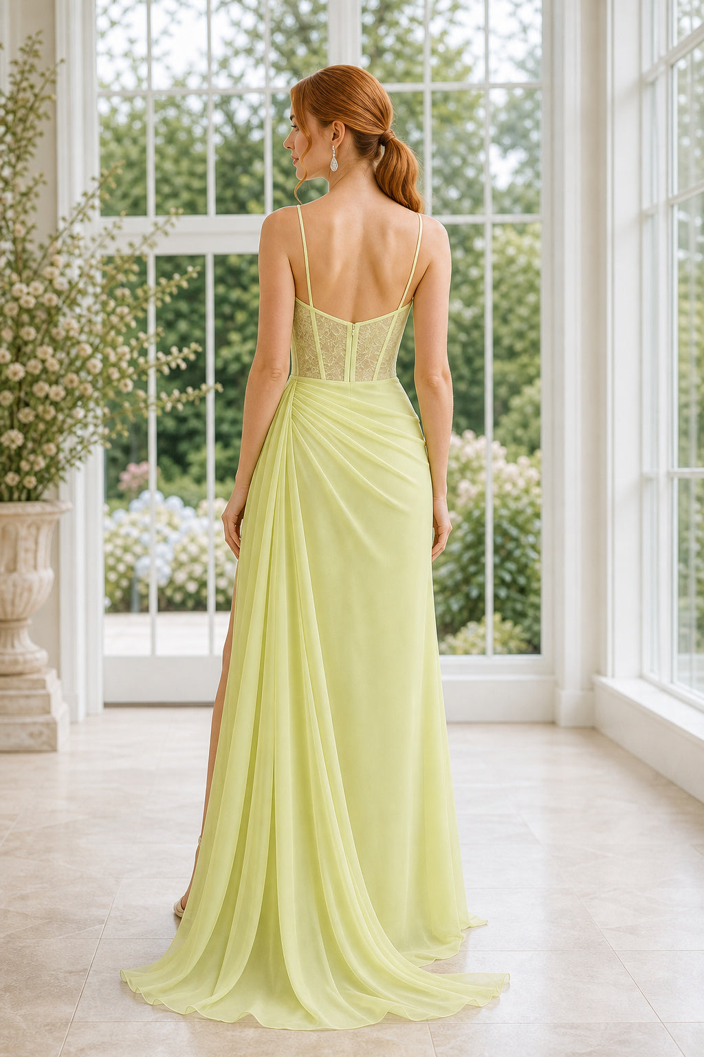 Lime Spaghetti Strap Sheath Chiffon Floor-Length Dress With Front Slit