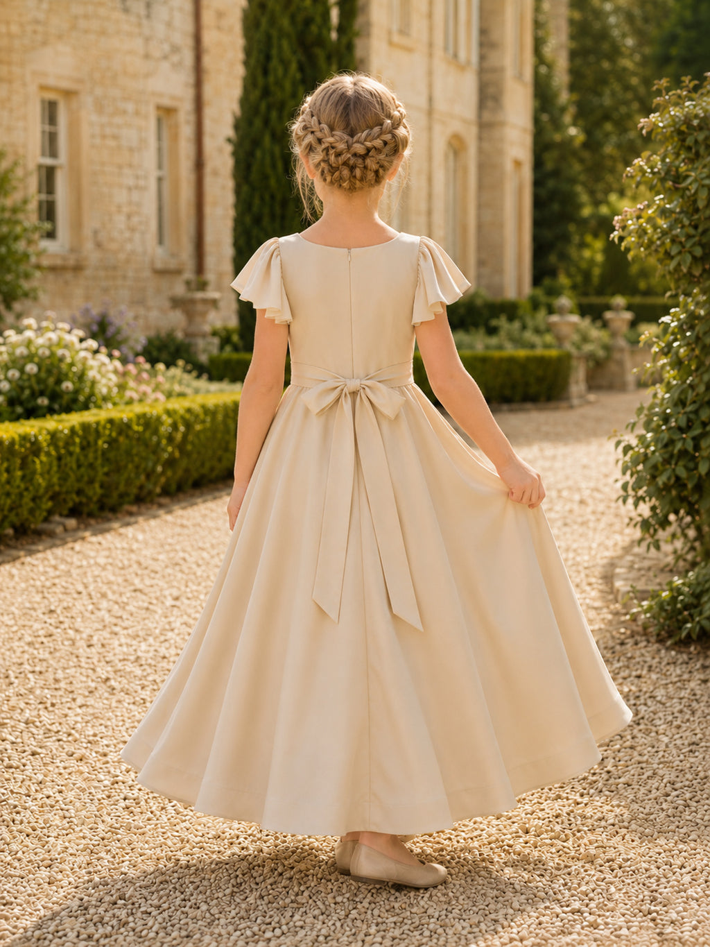 A-Line Quiet Luxury Flower Girl Dress with Cap Sleeves, Smooth Satin Bodice, Tea-Length Skirt, Natural Waist, Refined Formal