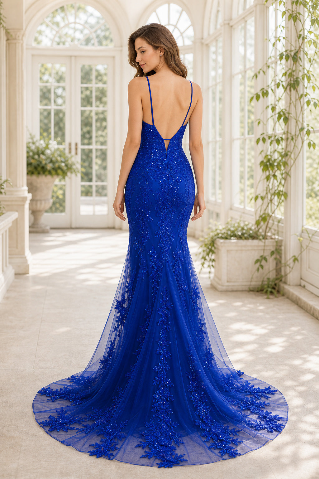 Royal Blue V-neck Spaghetti Strap Mermaid Lace Floor-Length Dress With Front Slit