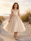 Elegant A-Line Flower Girl Dress with Square Neck Cap Sleeves Champagne Satin Back Bow Beach Ceremony front view