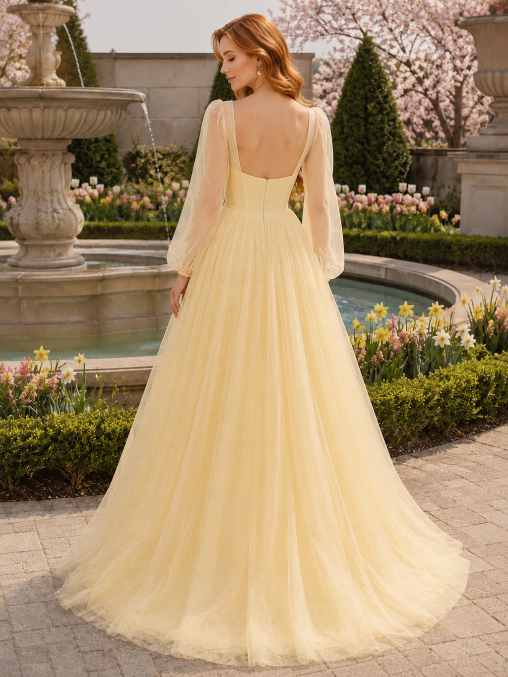 Yellow Sheer Sleeve Tulle Fountain Garden Bridal Gown back view